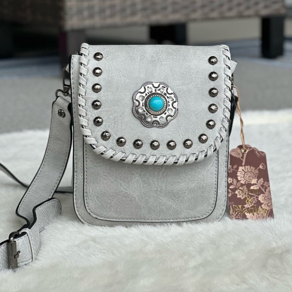 Sam & Hadley Handbags - Sam & Hadley Gray Western Crossbody Bag with Turquoise Concho & Studs NWT